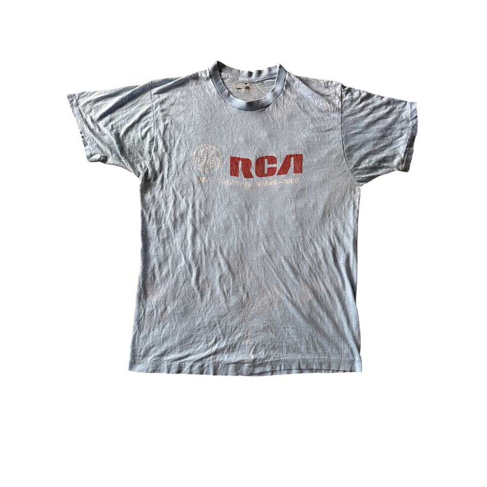 Vtg GE RCA Together Again 1986 No Tag Single Stitched Faded Sky Blue M Tech Tee